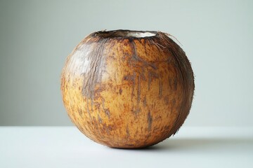 Fototapeta premium fresh coconut captured in full depth of field showcasing its rich textures and natural colors against a clean white background emphasizing the tropical essence of this fruit