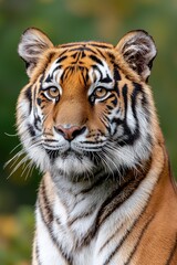Naklejka premium Tiger portrait, fierce gaze, vibrant striped fur, wildlife beauty