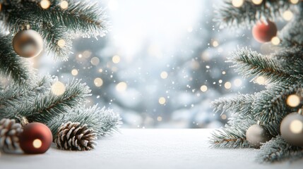 A serene winter scene with snow, pine branches, ornaments, and soft glowing lights.