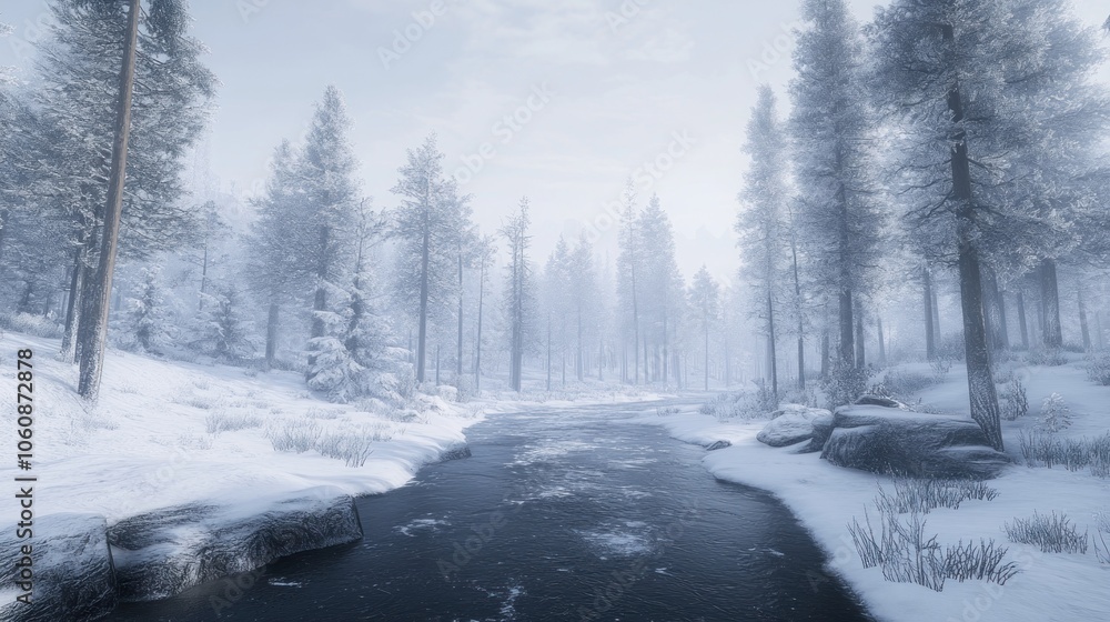 Poster a winding river flows through a snowy forest with tall pine trees and a misty atmosphere.
