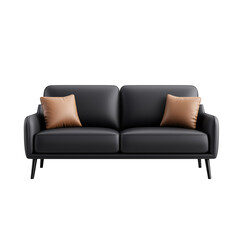 Fototapeta premium Modern black leather sofa with brown pillows isolated on a transparent background