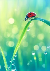Naklejka premium A vibrant ladybug perched on a dew-covered blade of grass, surrounded by a soft, blurred background of green hues.