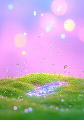 A serene scene featuring droplets of water on lush green moss, shimmering against a dreamy pink background.