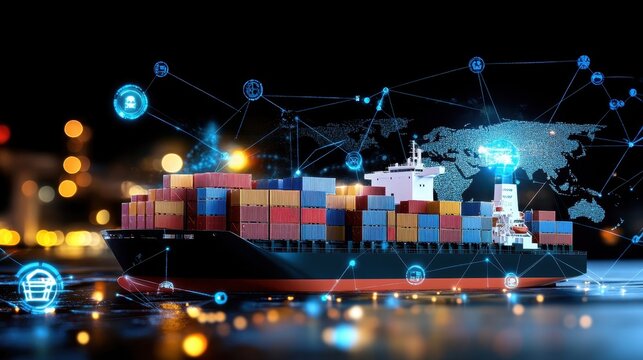 Electric cargo ship with augmented reality projections of global trade routes, tech-driven future