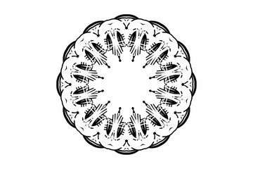 Monochromatic mandala design featuring concentric circles and geometric shapes
