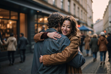 Fototapeta premium two people hugging on the street. International hug day concept 