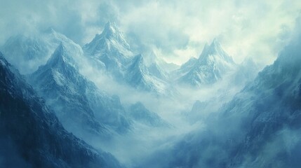 Majestic Snow-Capped Mountains in Misty Landscape