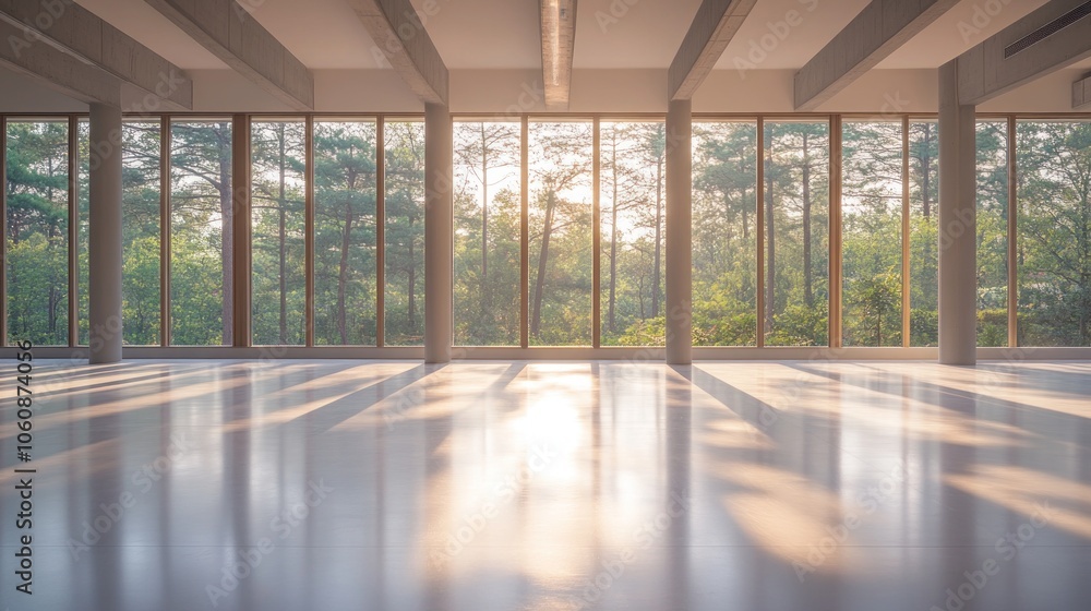 Poster empty room with large windows overlooking a forest, sunlight streaming in.