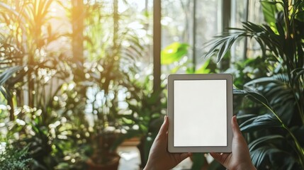 A person holds a tablet in front of a window with green plants in the background. The tablet screen is blank, perfect for adding your own design or text. mockup, blank space