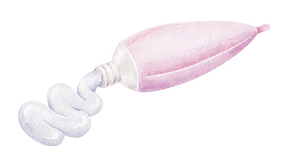 Pink toothpaste tube for Dental health care and oral hygiene. Personal hygiene item. Isolated hand drawn watercolor kids illustration. Clipart of container cosmetic products