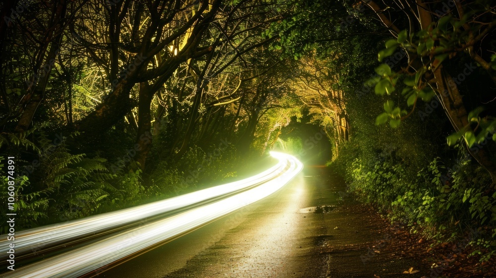Poster a car driving through a tunnel of trees its light trails casting an ethereal glow on the winding pat
