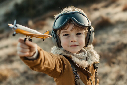 Young aviator boy with toy airplane and goggles in outdoor adventure setting