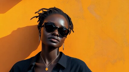 image of a black woman wearing sunglasses in front of an orange wall, looking hip and contemporary.