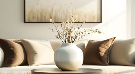 A living room with a white sofa, beige pillows and a coffee table with a vase of blooming flowers on top. There is an art frame on the side in the background. It is a minimalist interior design style.