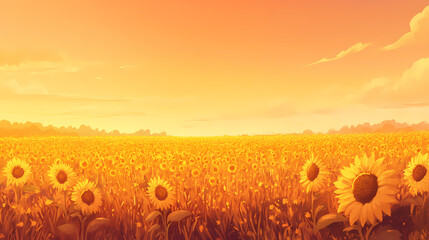 Fototapeta premium A sweeping vista of a sunflower field at sunrise, with the golden blooms stretching to meet the sky. Sunflower Field. Illustration