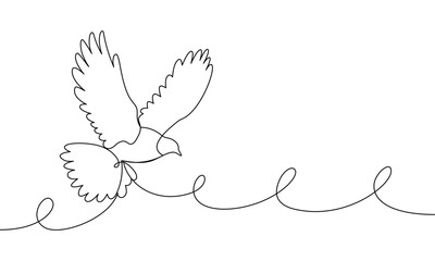 Banner continuous line dove. Bird flying. Peace symbol. Linear minimal style. Hand drawn vector illustration