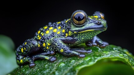 Obraz premium A close-up shot of a small, green, and yellow frog with golden eyes perched on a green leaf with water droplets.