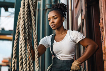 Fototapeta premium Strong female dockworker handling ropes at industrial shipping port in workwear with determination and confidence