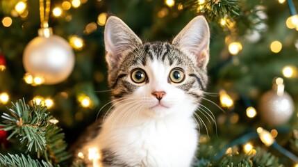 Cute Kitten Curled Up Under Christmas Tree Decorations