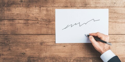 Hand drawing growth chart on paper with pen on wooden table.