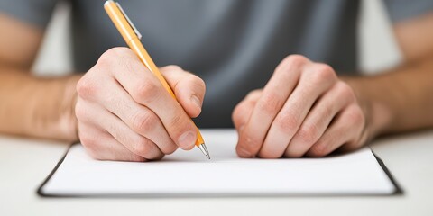 Hands holding a pencil writing on a blank sheet of paper, focus on creativity.