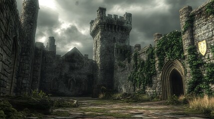 An old, overgrown castle with a tall tower and a large, arched doorway. The stone walls are covered in vines and moss, and the sky is overcast.