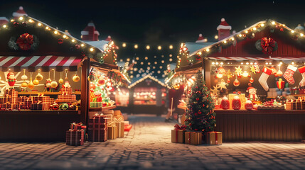Fototapeta premium Christmas Market Stalls at Night - A bustling Christmas market with bright stalls selling gifts, ornaments, and food, capturing the vibrant atmosphere