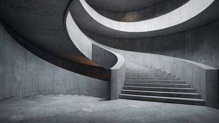 Brutalist Concrete Staircase with Curved Forms and Minimalist Design in Low Light Interior