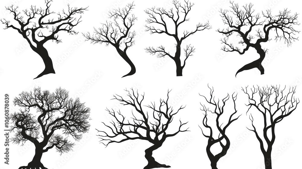 Poster black tree silhouettes in various shapes on transparent background generative ai