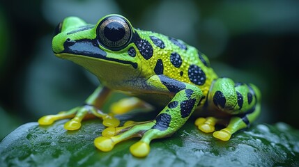 Fototapeta premium A close-up of a green and black spotted frog with bright yellow toes sitting on a green leaf.