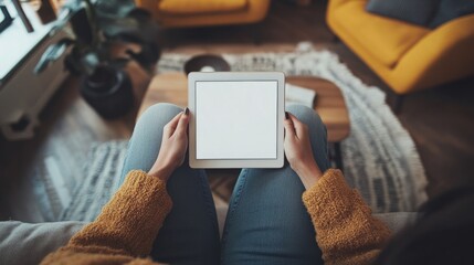 A woman in a cozy sweater and jeans sits on a couch, holding a tablet with a blank screen. mockup, blank space