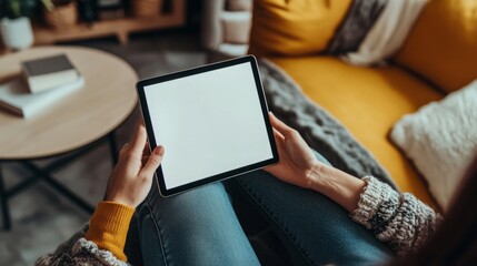 A woman in a cozy sweater sits on a couch and uses a tablet with a blank screen, perfect for your advertisement. mockup, blank space
