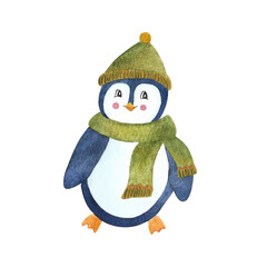 Watercolor cute Christmas penguin in green winter knitted clothes For Christmas 2025 and New Year decoration, baby design, childish greeting card Hand drawn pretty cartoon bird