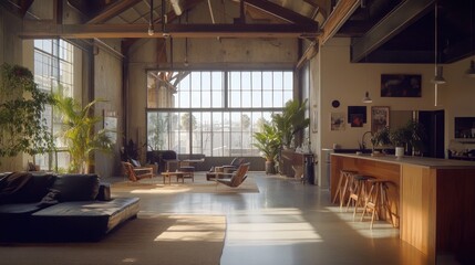 Modern loft living room with large windows, exposed beams, and hardwood floors.