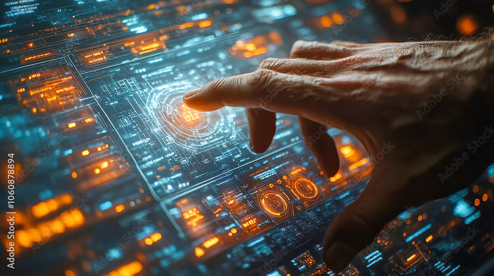 Poster hand pointing at a digital interface with glowing nodes, signifying interactive technology and data 
