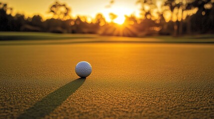 A detailed shot of golf equipment, including a ball and clubs, positioned on a neatly trimmed green, with the golden glow of the sunrise illuminating the serene golf course in the background