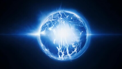 A glowing ball of lightning drifts across a pitch-black background, leaving a faint, crackling electric trail, pulsing with bright blue light in a tracking video shot - Powered by Adobe