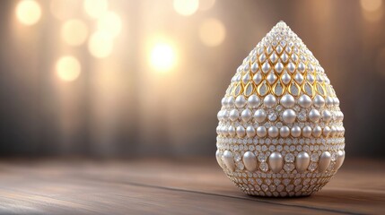 Exquisite jeweled egg adorned with pearls and gold filigree on a wooden surface, AI