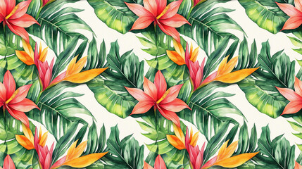 Watercolor seamless pattern featuring vibrant strelitzia and lush jungle palm leaves perfect for tropical fashion designs summer motifs floral prints