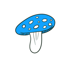 mushroomFantasy illustration of a mushroom with a bright blue cap decorated with white spots and a thick stem, done in cartoon style, sticker on transparent background with white outline