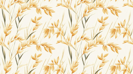 Seamless watercolor pattern of realistic oat grains and cereal plants ideal for agricultural themes and product designs