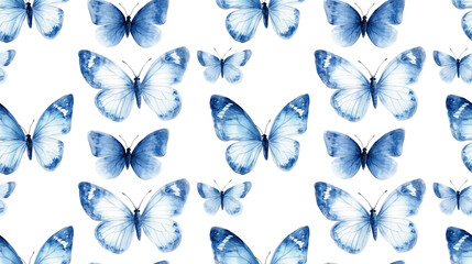 Fototapeta premium Seamless pattern of watercolor hand painted blue butterflies on a white background ideal for postcards invitations and scrapbooking