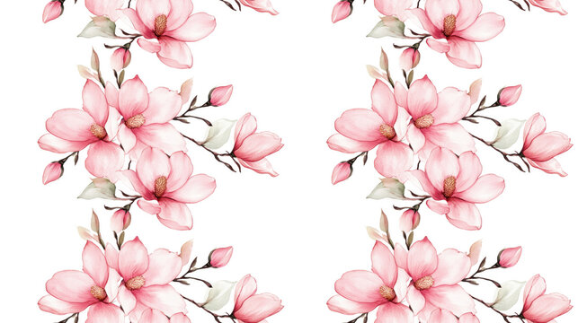 Seamless watercolor pattern featuring decorative corners adorned with pink Magnolia flowers ideal for personalized stationery design