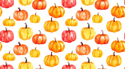 Seamless pattern of bright watercolor pumpkins on a white background perfect for autumn themed designs and Halloween invitations