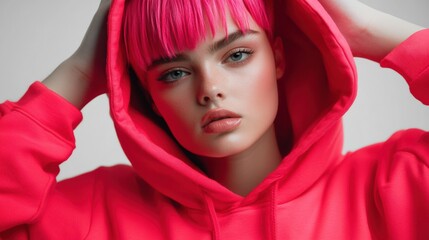 Young woman with vibrant pink hair and hoodie, striking a confident pose, AI