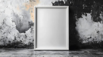 Minimalist Blank White Frame Against a Distressed Industrial Wall with Abstract Texture and Grunge Aesthetic in Monochrome Tones