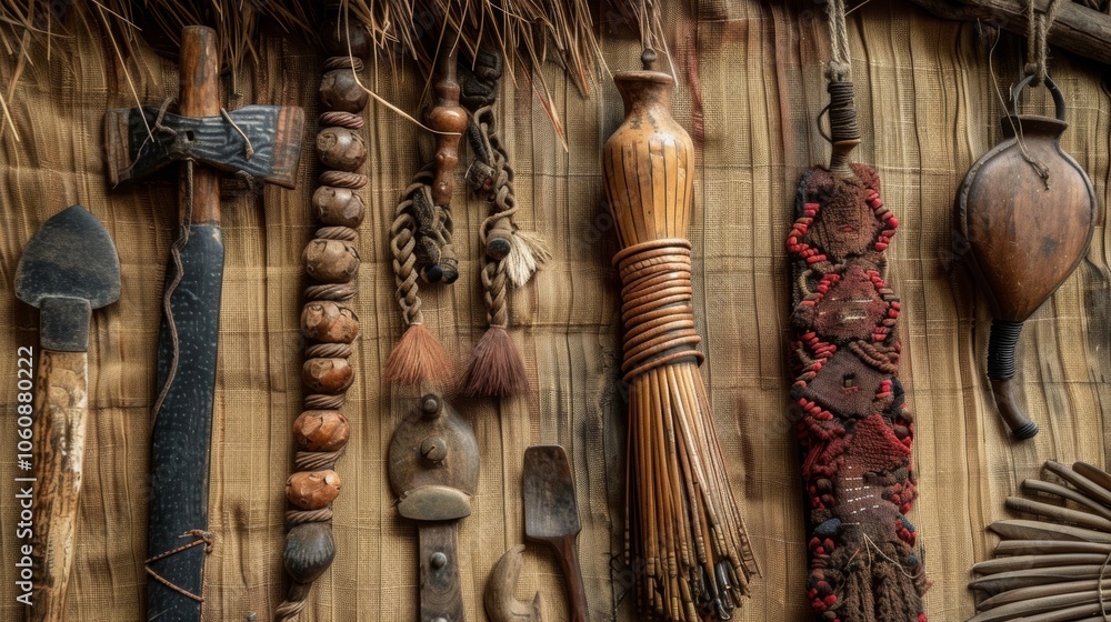 Poster a closeup of a display of traditional tools and weapons used for hunting and selfdefense by the comm