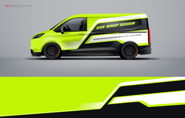 van wrap design for universal medium van, with a touch of Abstract simple racing Graphics in green, black and white with background. Vector eps print ready printable file.