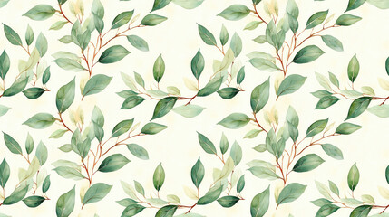 Seamless pattern of hand painted watercolor bay laurel branches featuring intricate details perfect for fabric design home decor
