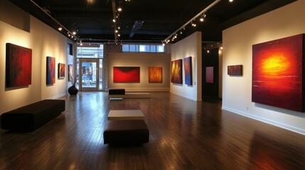 A modern art gallery showcasing abstract paintings and sculptures.